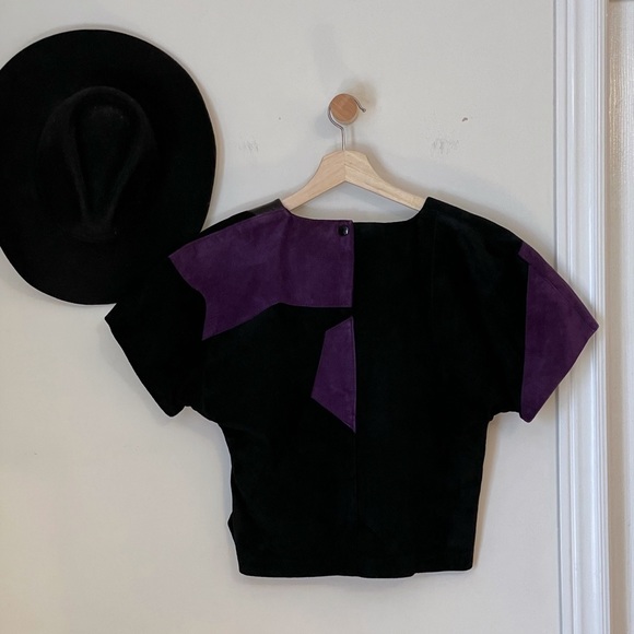Vintage 1980s patchwork suede & leather purple & black short sleeve top 🇨🇦 - Picture 3 of 14